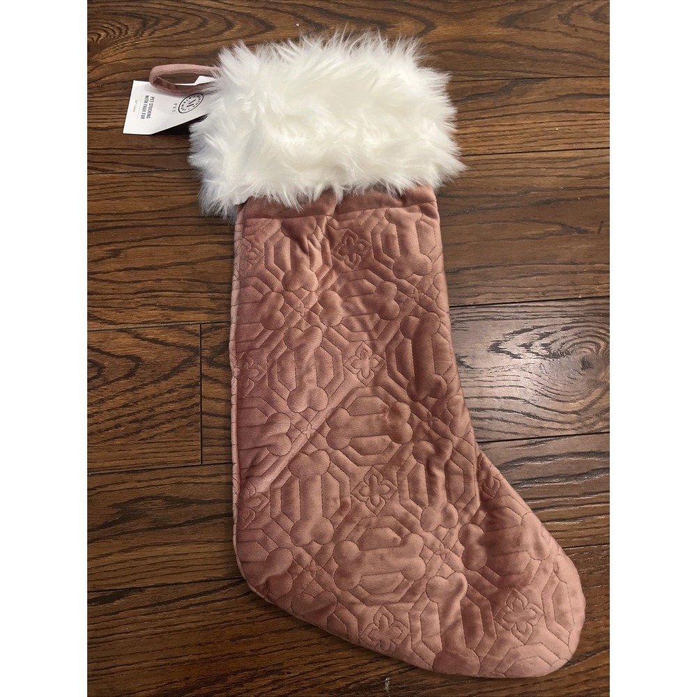 Martha Stewart Pet 22 Inch Christmas Stocking Pink Velvet & White Faux Fur Bones